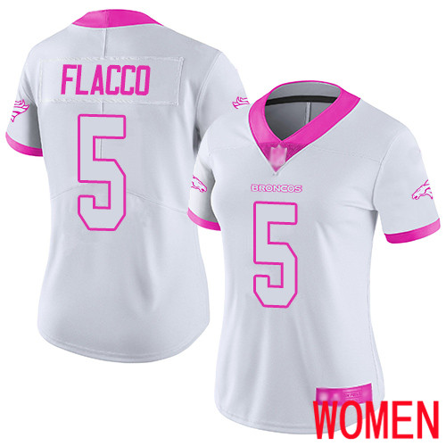 Women Denver Broncos #5 Joe Flacco Limited White Pink Rush Fashion Football NFL Jersey